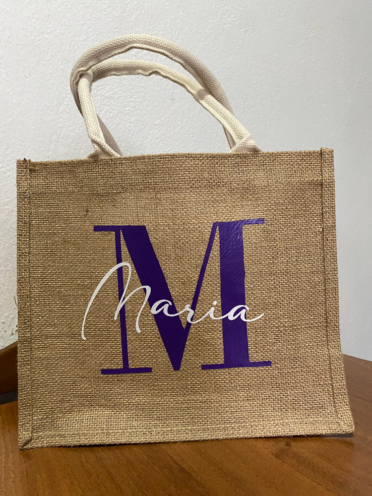 Borsa Juta Piccola con iniziale Viola e scritta bianca in corsivo bianca