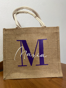 Borsa Juta Piccola con iniziale Viola e scritta bianca in corsivo bianca