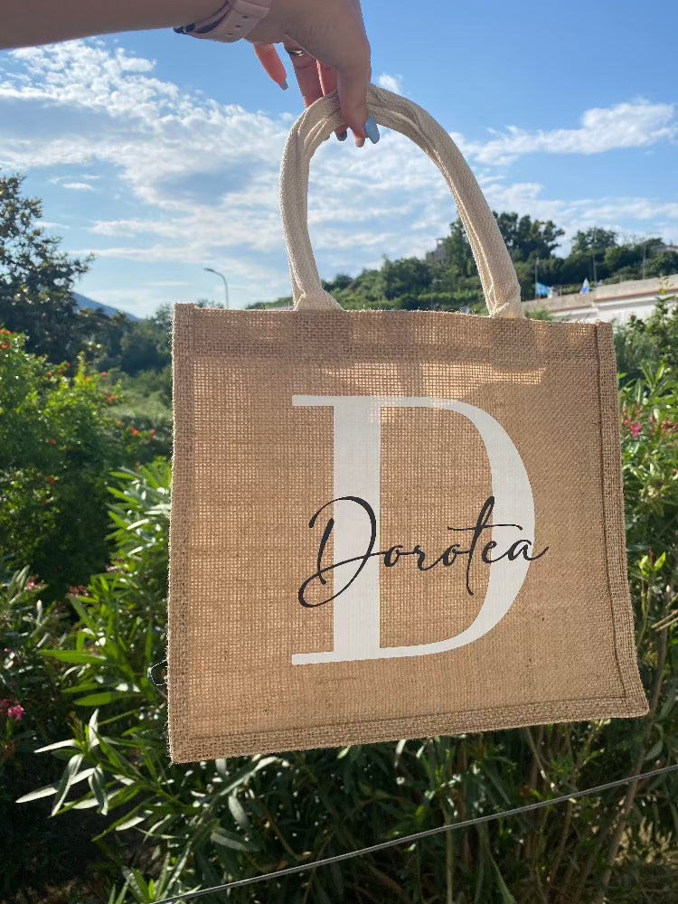 Borsa Juta Piccola con iniziale Bianca e scritta nera corsivo 